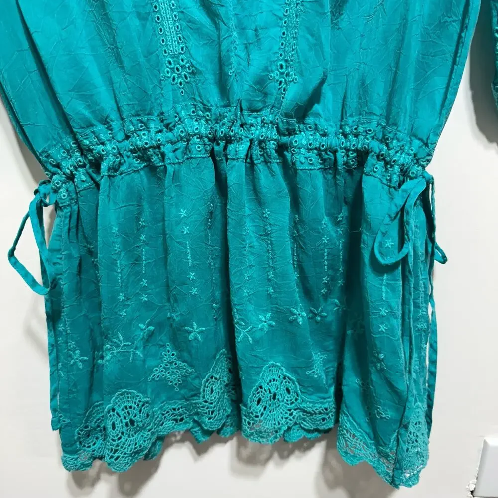 Johnny Was Teal Cupra Rayon Embroidered Cinch Waist Tunic Top Size S 3/4 Sleeve